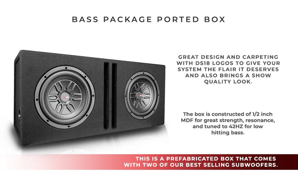 DS18 - LSE-210A Bass Package 2 x SLC-MD10 In a Ported Box with S-1500.1/RD Amplifier and 4-GA Amp Kit 800 Watts