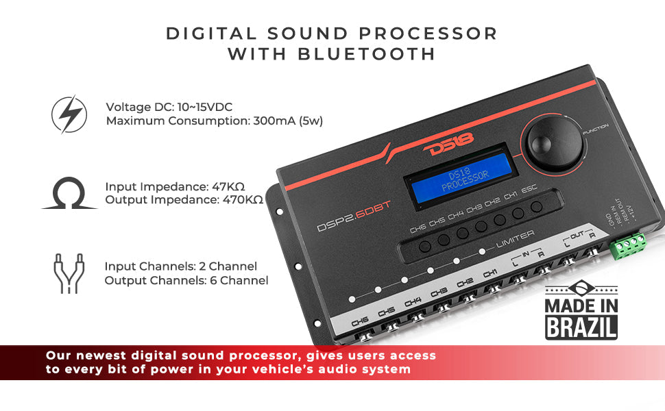 DS18 - DSP2.6DBT 2-Channel In 6-Channel Out Digital Sound Processor w/ Bluetooth & LCD Screen