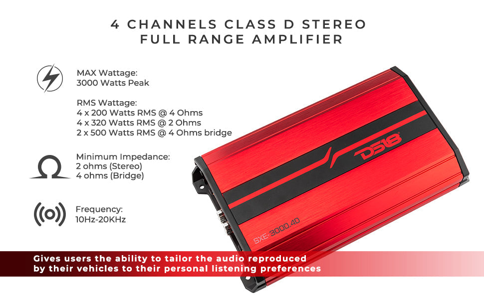 DS18 SXE-3000.4D Class D 4-Channel Full-Range Car Amplifier 200 x 4 RMS @4 OHM 3000 Watts