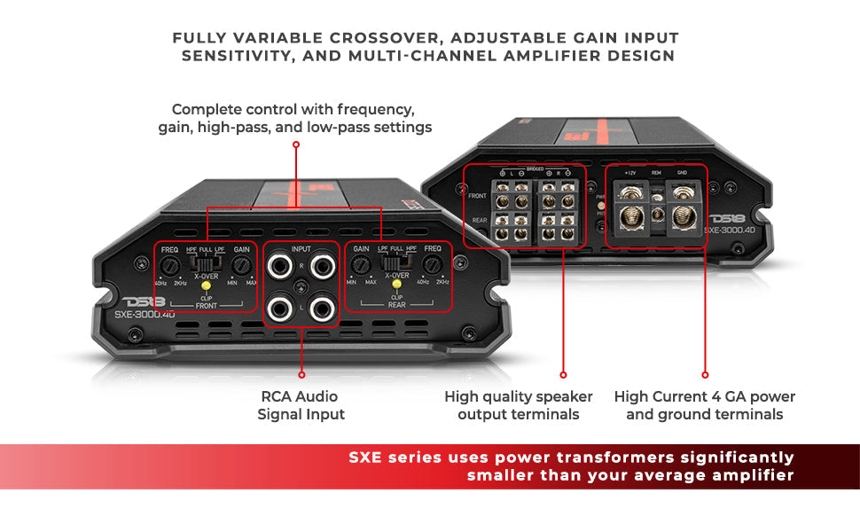 DS18 SXE-3000.4D Class D 4-Channel Full-Range Car Amplifier 200 x 4 RMS @4 OHM 3000 Watts - Red